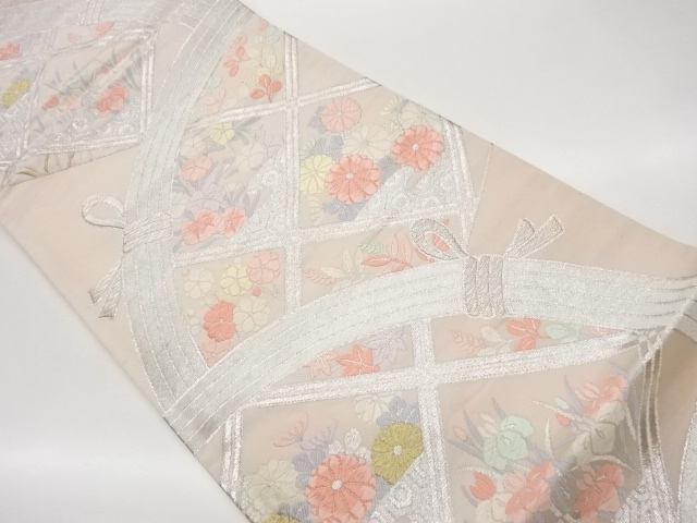 JAPANESE KIMONO / FUKURO OBI / WOVEN BAMBOO FENCE & FLOWER